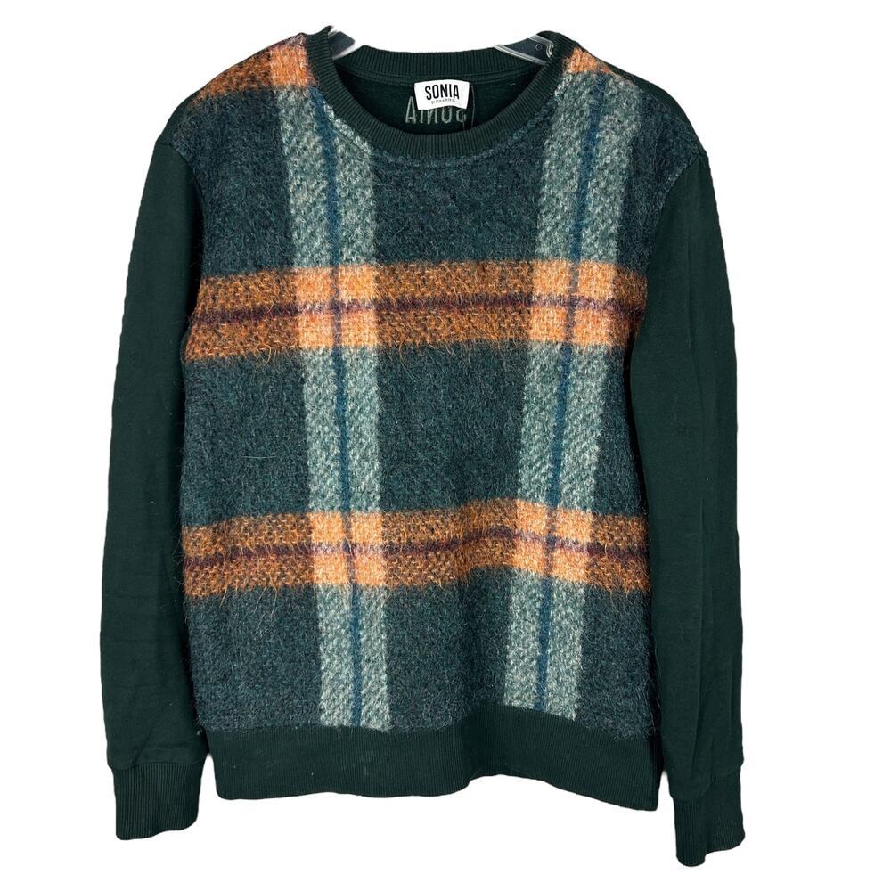 Sonia Rykiel Green Plaid Wool Front Crew Neck Pullover Sweatshirt M
